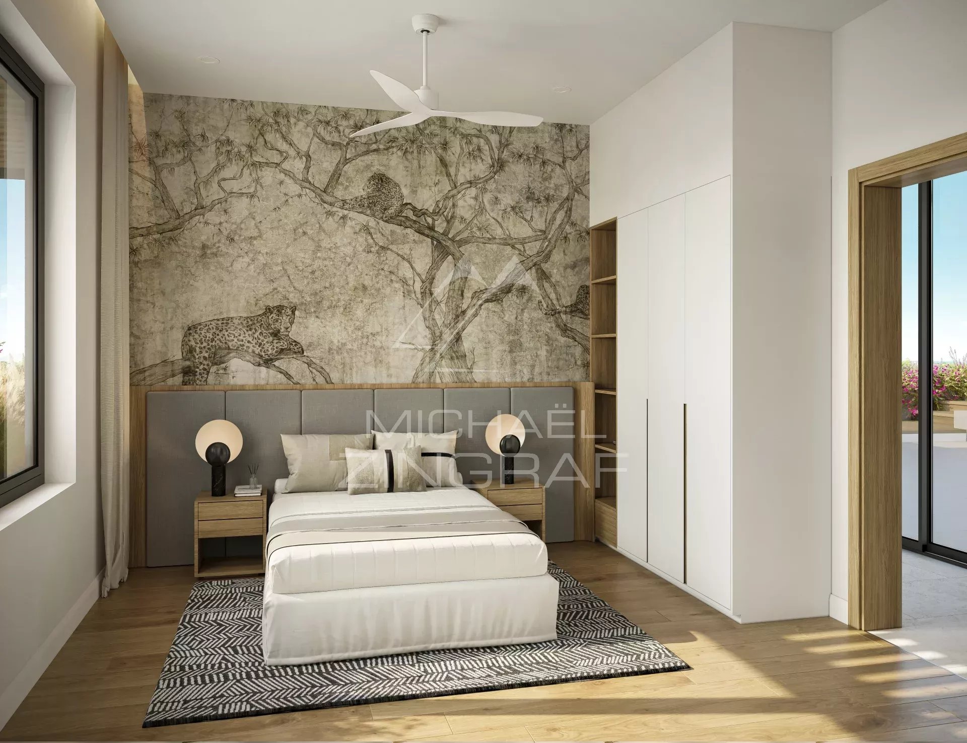 Elegant room in a penthouse in Balaclava Modern bedroom with a bed, bedside tables and artistic wall decor.