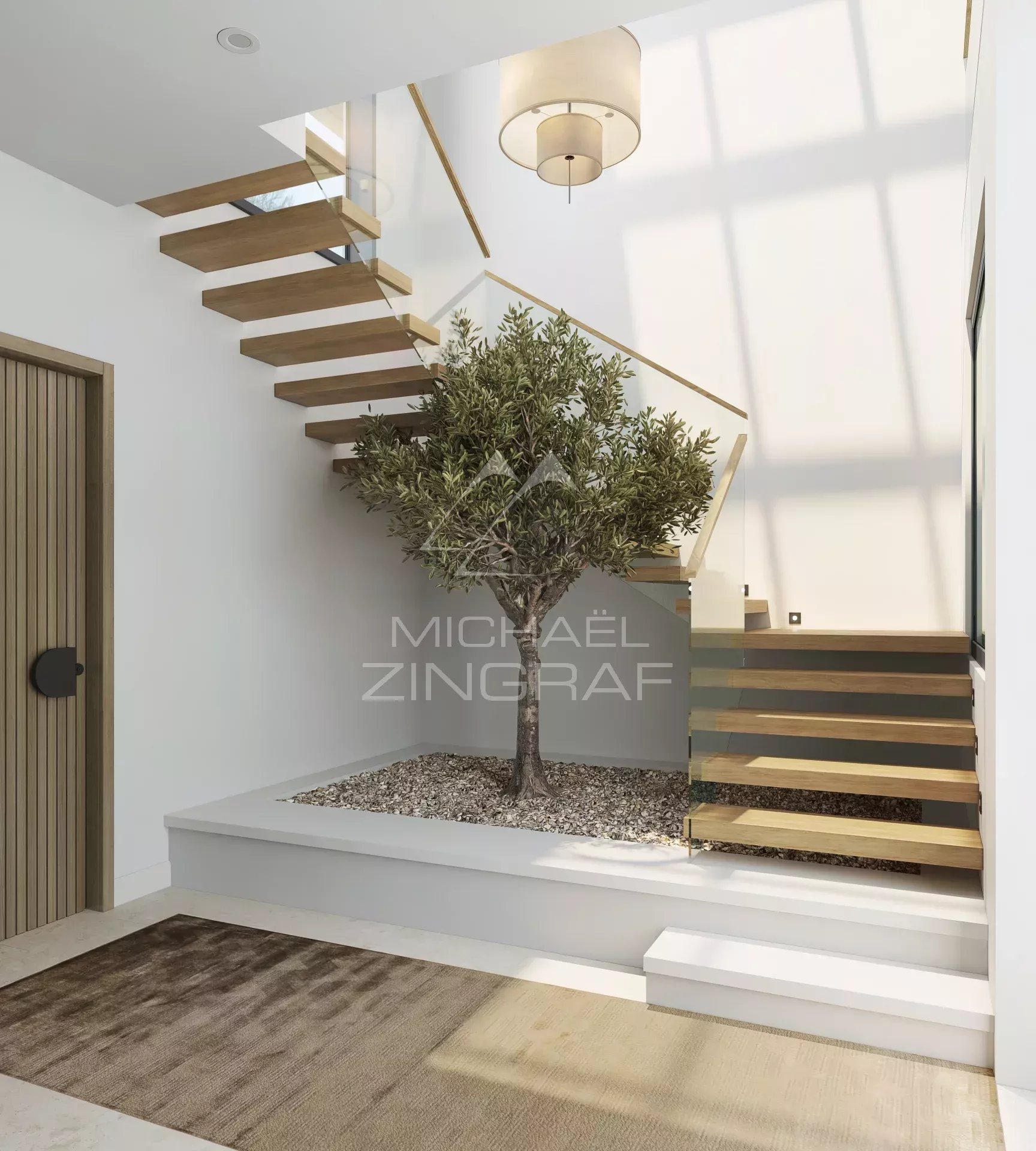 Interior of a penthouse in Balaclava Modern staircase with glass railing and tree in a bright interior space.