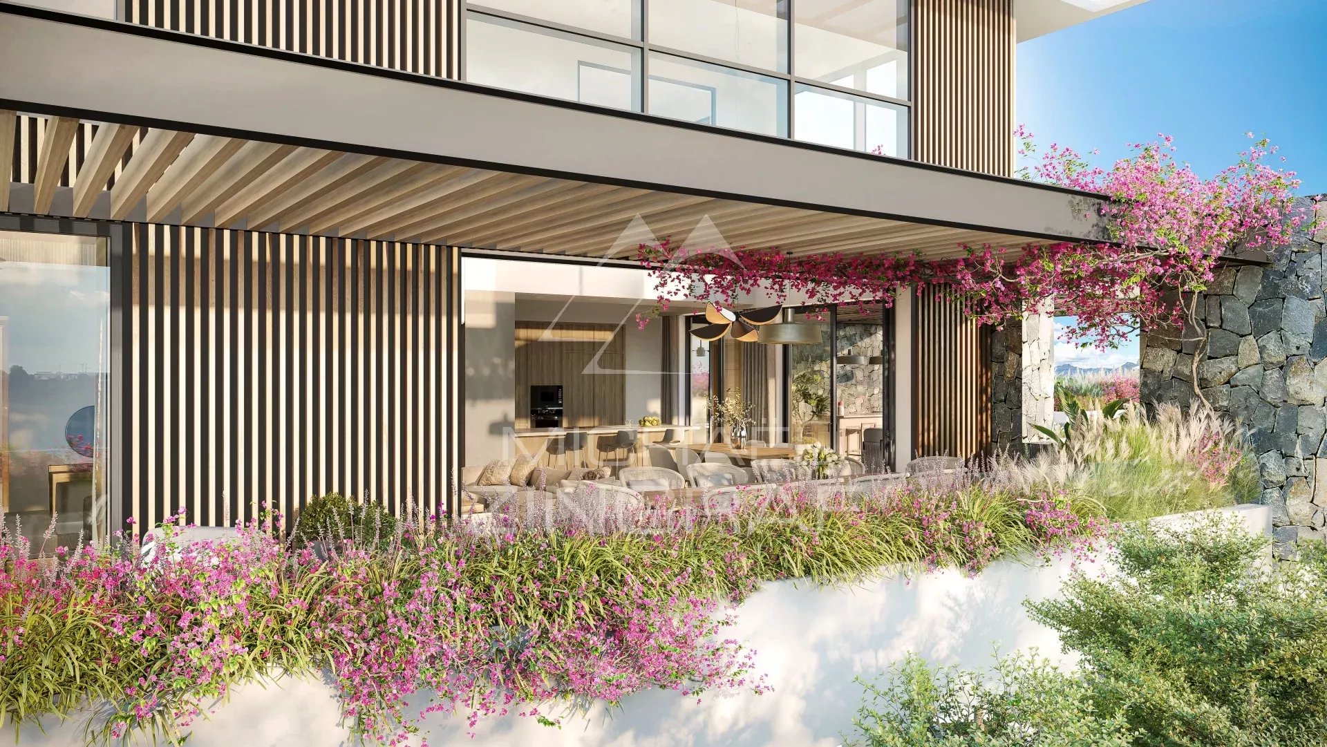 Modern penthouse in Balaclava Terrace of a modern penthouse in Balaclava with flowers and an outdoor living space.
