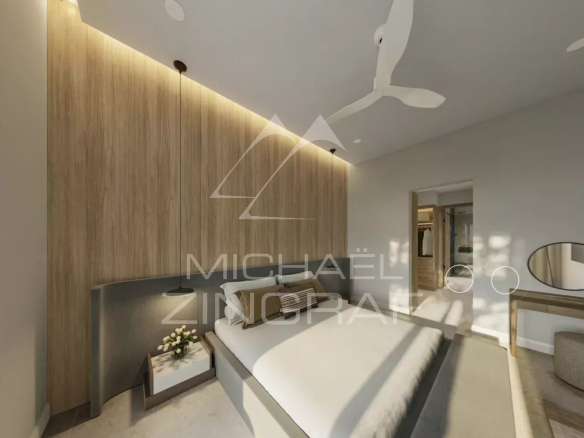 Modern and elegant bedroom in a Balaclava penthouse with minimalist decor.