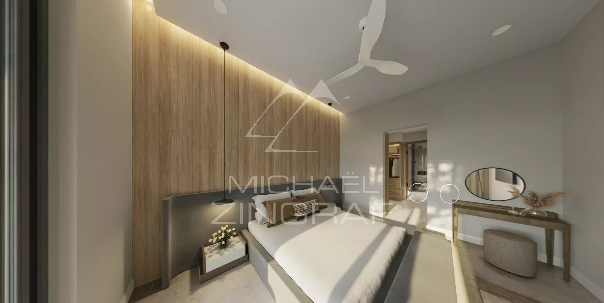 Penthouse room in Balaclava Modern and elegant bedroom in a Balaclava penthouse with minimalist decor.