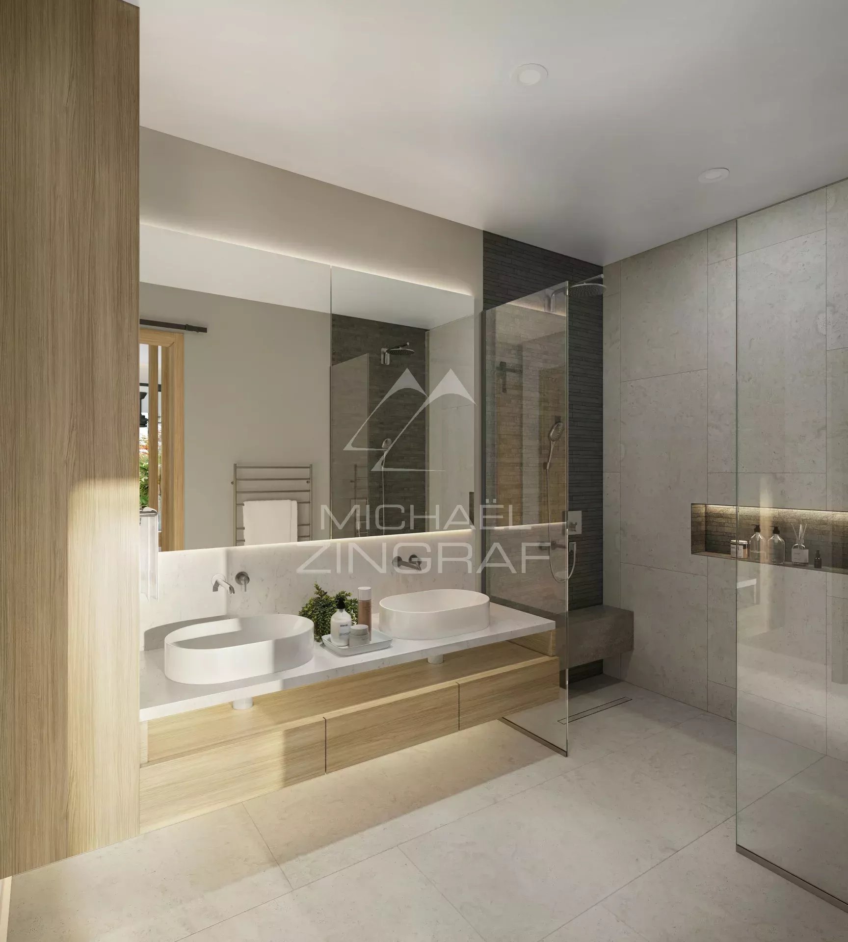 Penthouse bathroom in Balaclava Modern bathroom with double sink and shower in a penthouse in Balaclava.