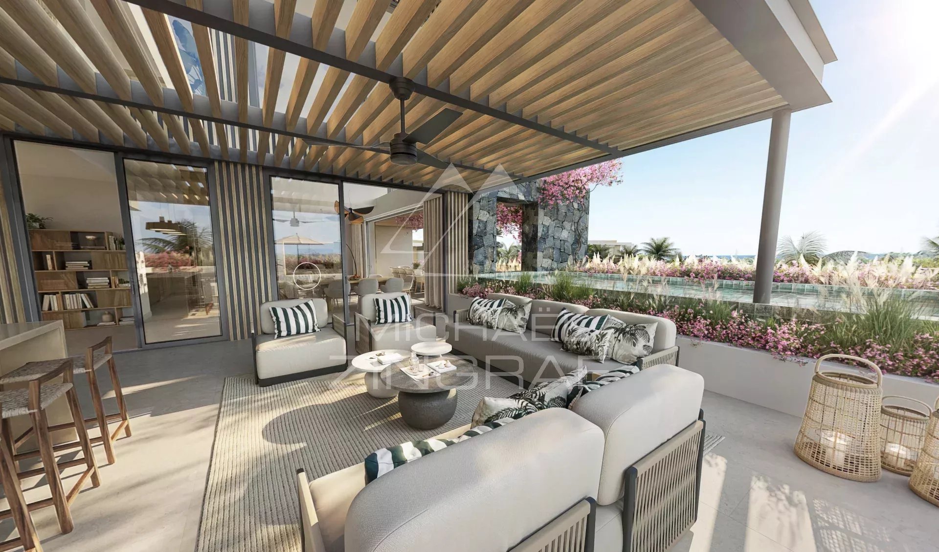 Penthouse terrace in Balaclava Terrace of a modern penthouse with elegant furniture and views of a tropical garden in Balaclava.