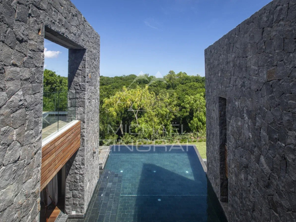 Vue d'une villa moderne avec piscine à débordement et murs en pierre, entourée de verdure.