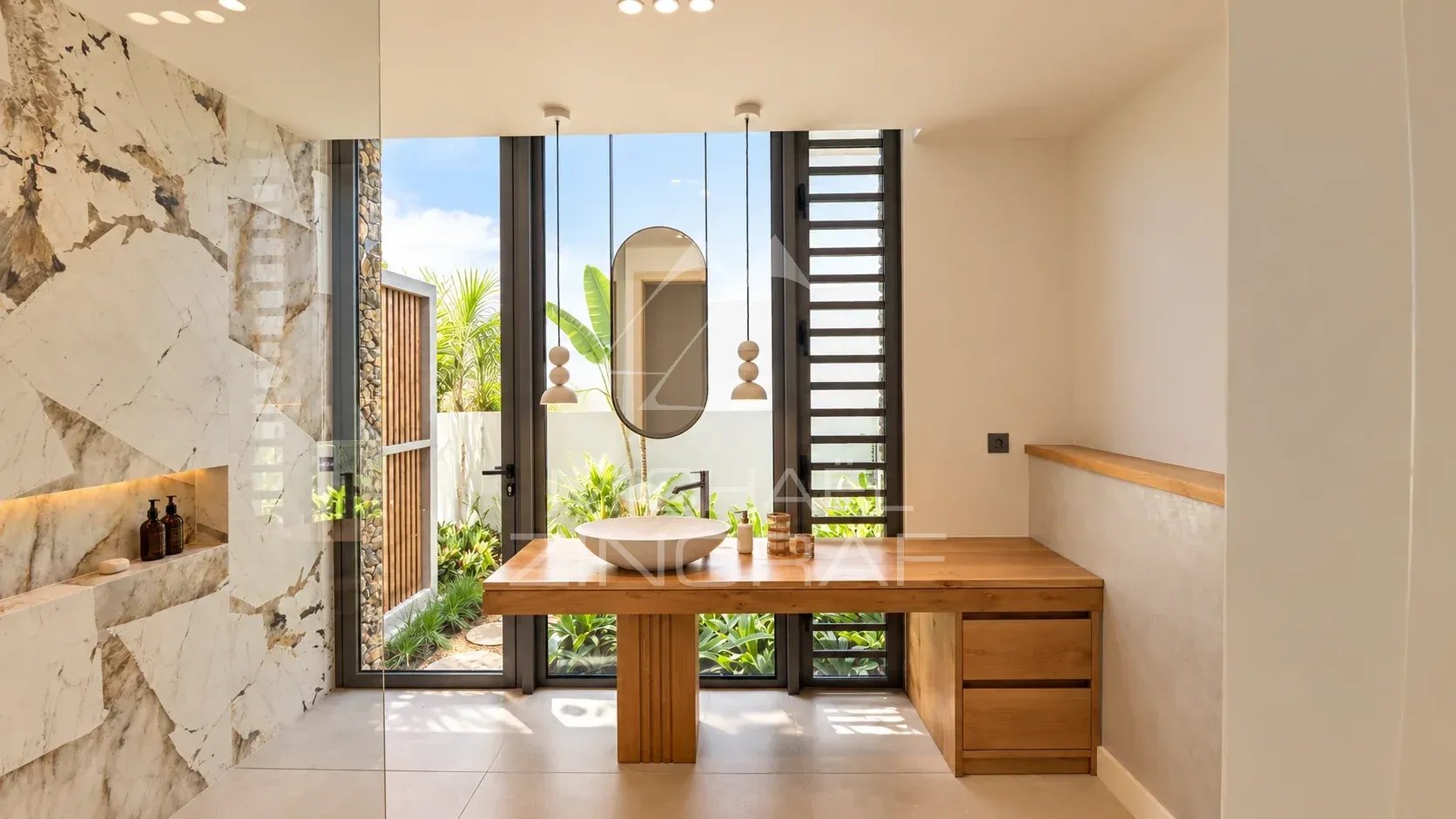 Modern bathroom with wooden sink and large windows overlooking a garden.