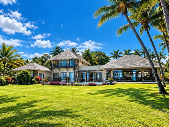 Villa mauricienne avec vue sur le golf et le lagon, entourée de palmiers à Beau Champ.