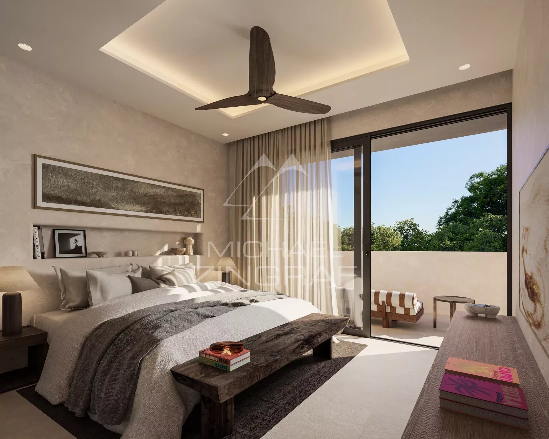 Chambre de luxe à Bel Ombre, Maurice Chambre moderne avec lit, balcon et vue sur la nature, dans une villa de luxe à Bel Ombre, Maurice.