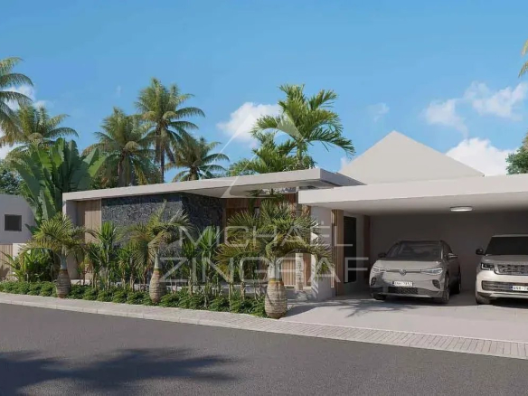 Villa moderne avec trois chambres et garage, entourée de palmiers à Grand Baie, Île Maurice.