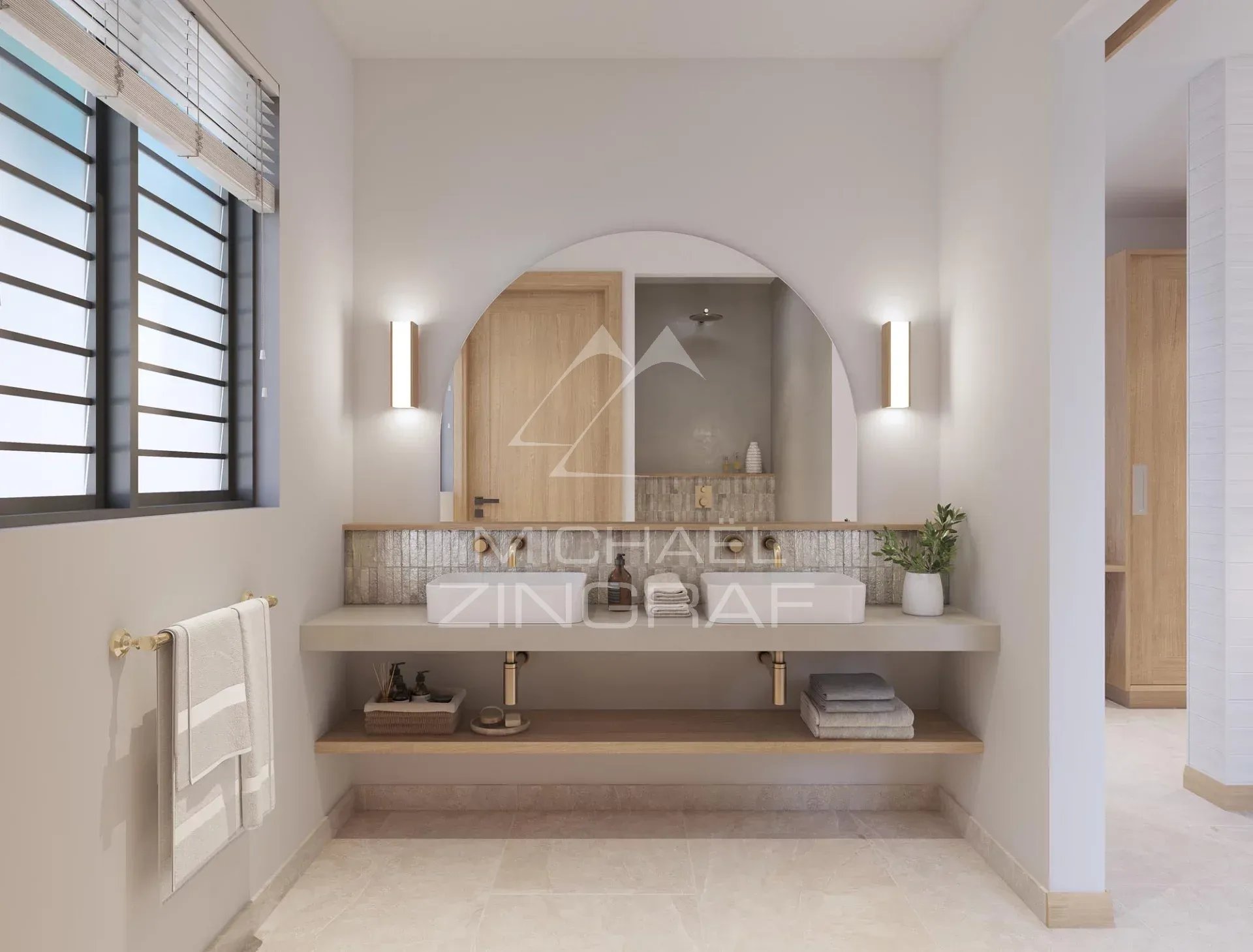 Salle de bain d’une villa à Grand Baie Salle de bain moderne avec miroir et étagère dans une villa à Grand Baie, Ile Maurice.
