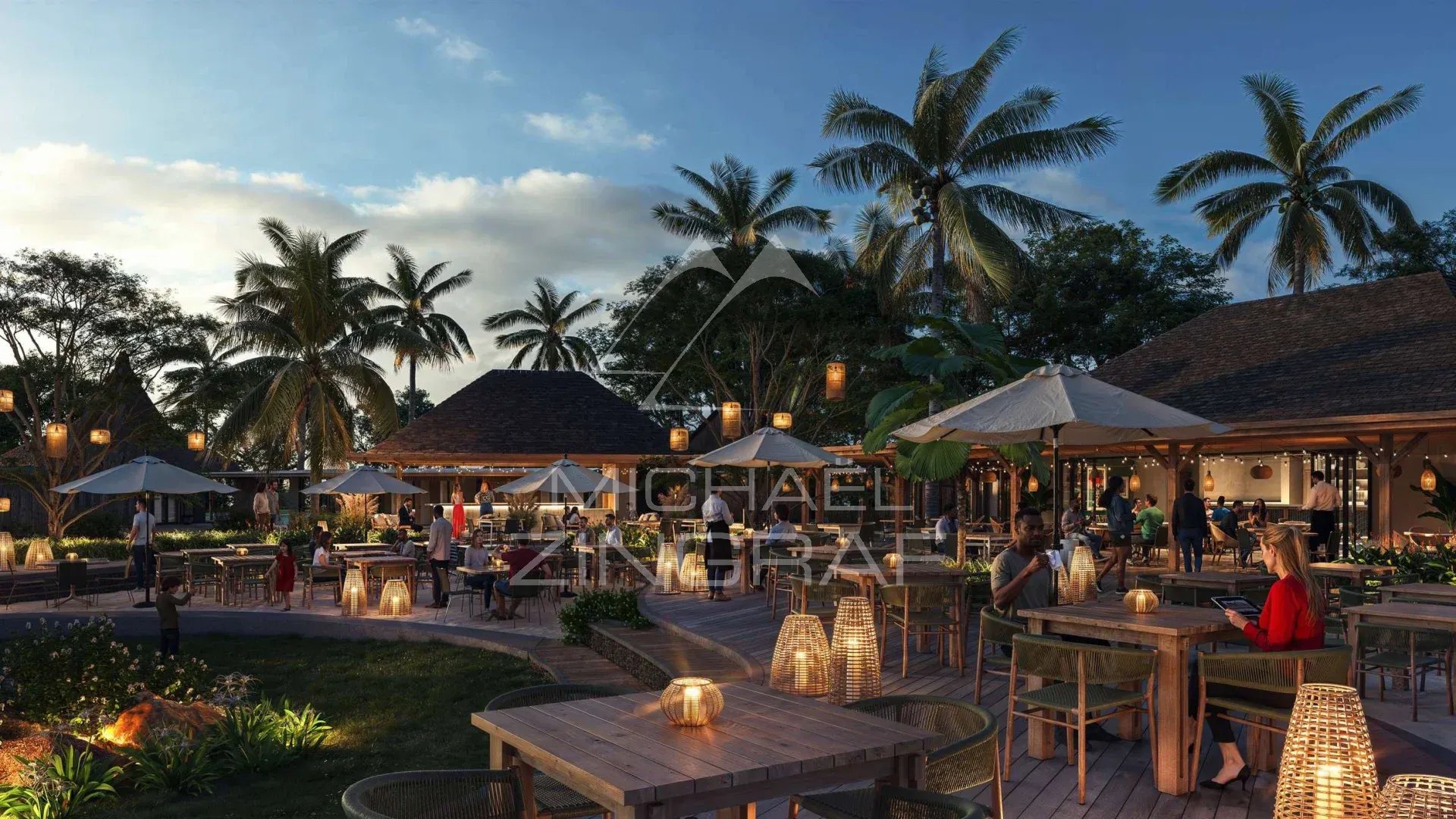 Terrasse d’un restaurant à Anse La Raie Terrasse d'un restaurant avec tables en bois et lanternes, entourée de palmiers à Anse La Raie, Île Maurice.