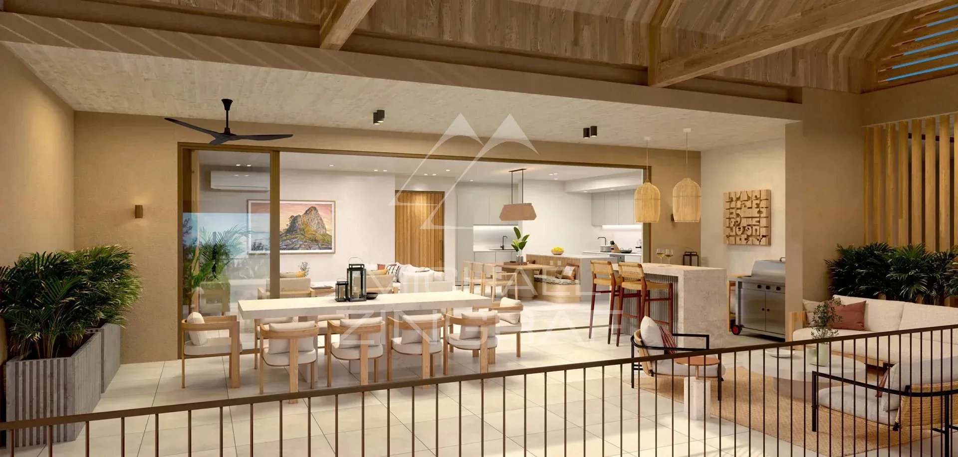 Penthouse moderne à Anse La Raie Intérieur d'un penthouse moderne avec salon, salle à manger et cuisine ouverte à Anse La Raie, Île Maurice.