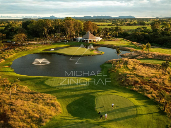 Vue aérienne d'un parcours de golf avec un lac et des joueurs sur le green.