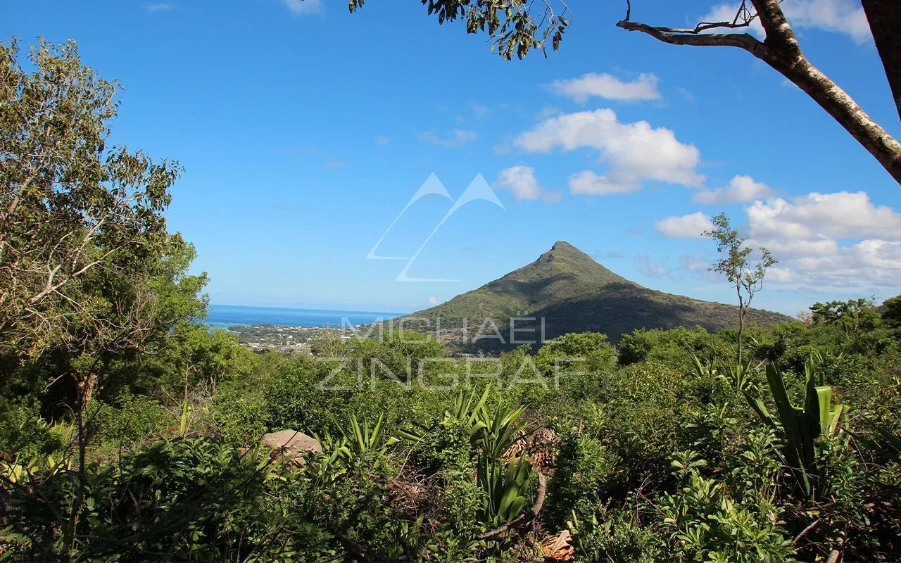 Vue sur mer et montagnes à Petite Rivière Noire Vue panoramique sur la mer et les montagnes depuis une villa à Petite Rivière Noire, Île Maurice.