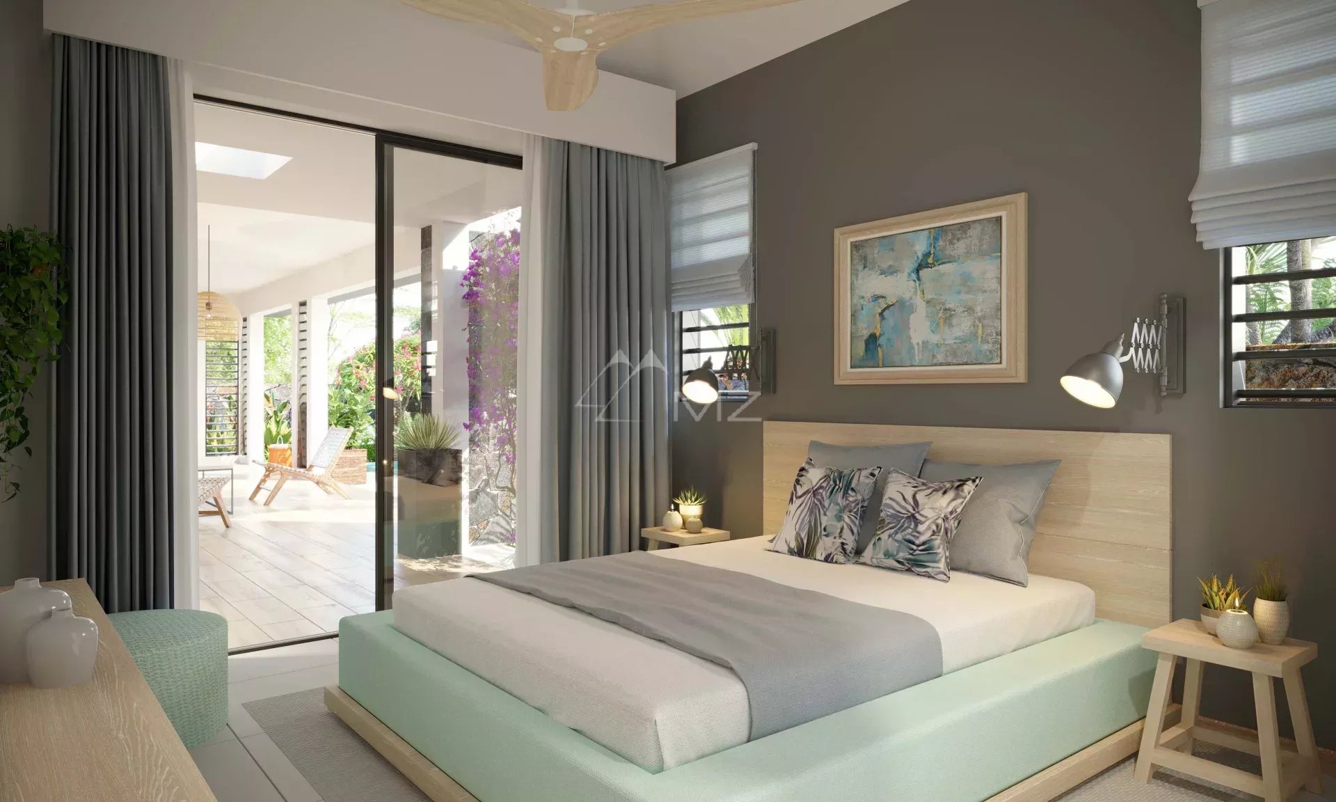 Chambre de villa contemporaine à Petite Rivière Noire Chambre moderne d'une villa contemporaine à Petite Rivière Noire, Île Maurice, avec accès à un patio.