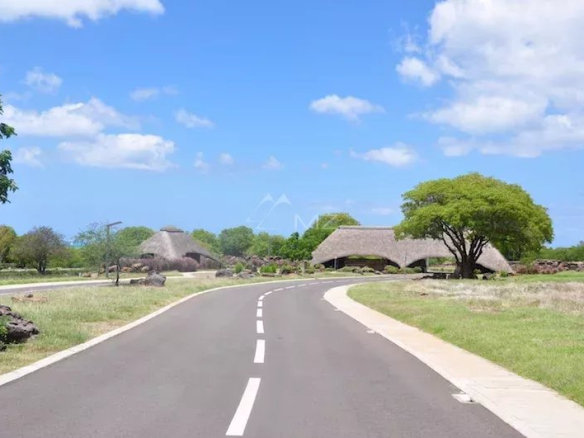 Vue d'une route menant à une villa contemporaine à Petite Rivière Noire, Île Maurice, avec des arbres et des collines en arrière-plan.