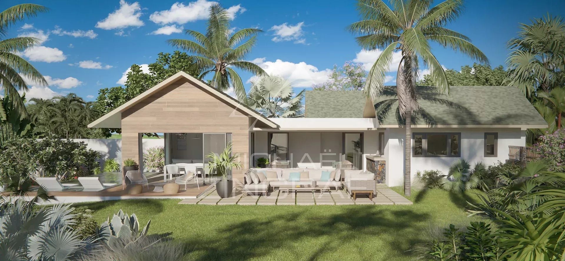 Villa contemporaine à Petite Rivière Noire Villa contemporaine avec jardin, palmier et terrasse à Petite Rivière Noire, Île Maurice.