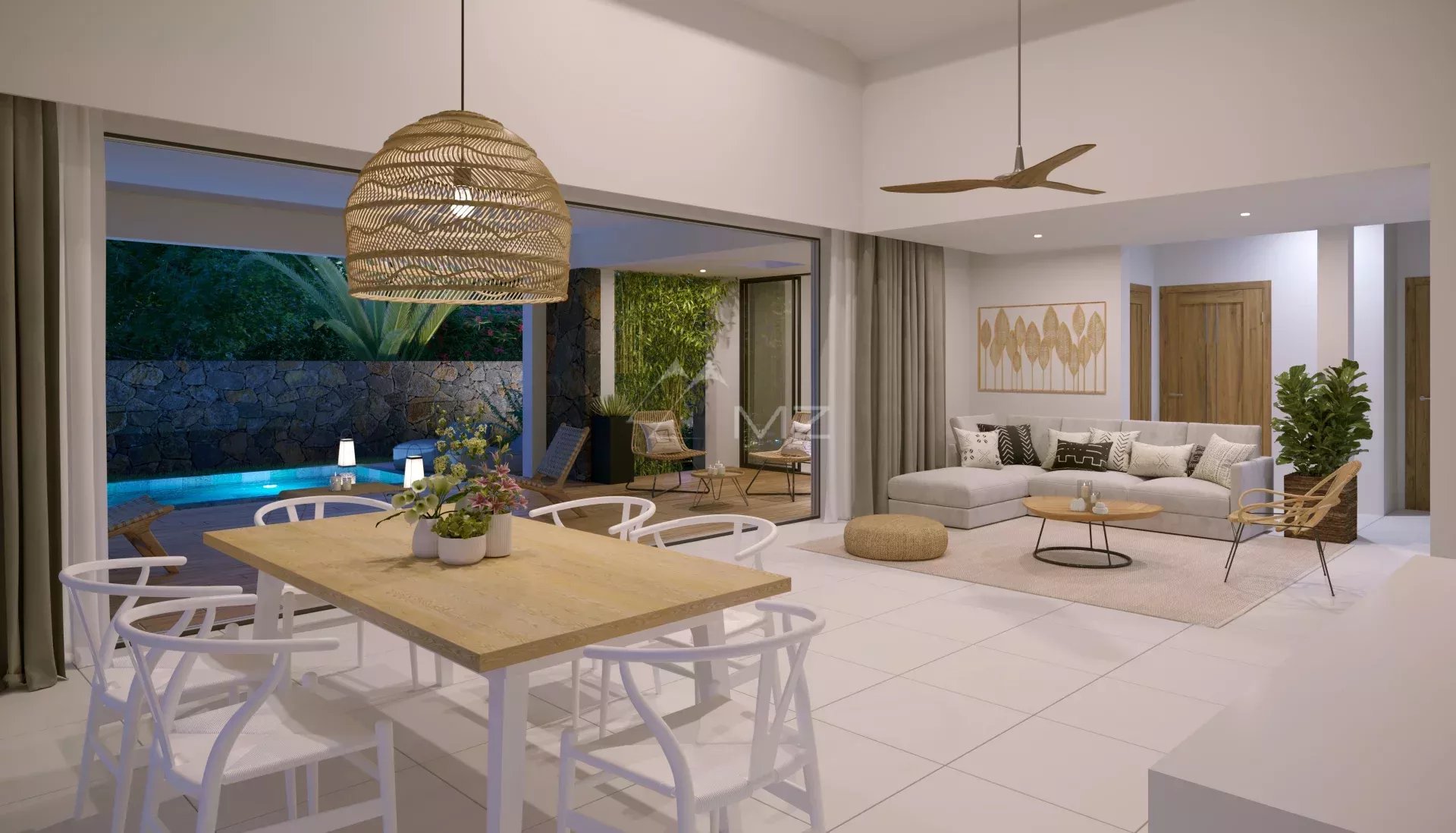 Intérieur d’une villa contemporaine à l’île Maurice Intérieur d'une villa contemporaine avec salon et salle à manger, éclairage doux et décoration tropicale.
