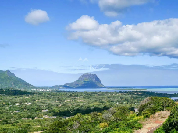 Vue panoramique de la côte ouest de l'île Maurice avec montagnes et mer.