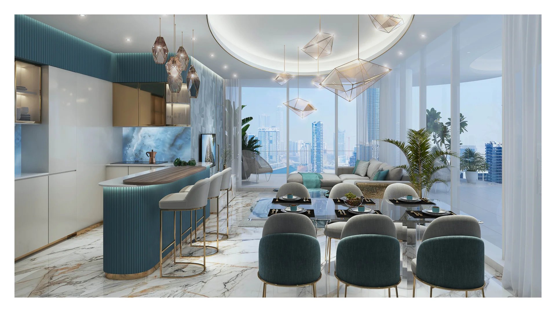Loft contemporain à Dubaï Intérieur d'un loft contemporain à Dubaï avec cuisine ouverte et espace salon.