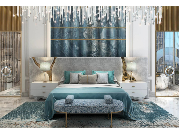 Intérieur d'un loft moderne à Dubaï avec un lit élégant, des miroirs et un décor raffiné.