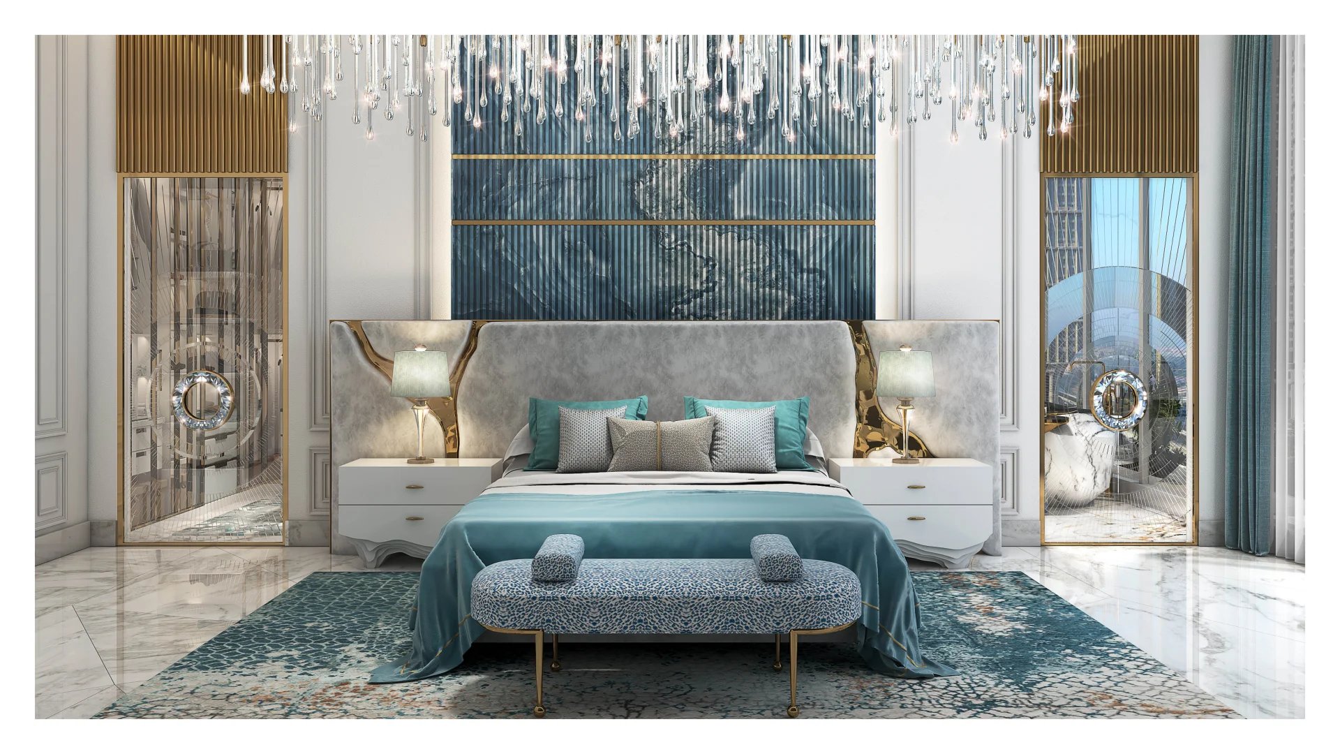 Loft moderne à Dubaï Intérieur d'un loft moderne à Dubaï avec un lit élégant, des miroirs et un décor raffiné.