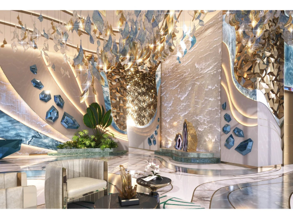 Intérieur d'un loft contemporain à Dubaï avec des éléments de design fluides et une terrasse végétalisée.