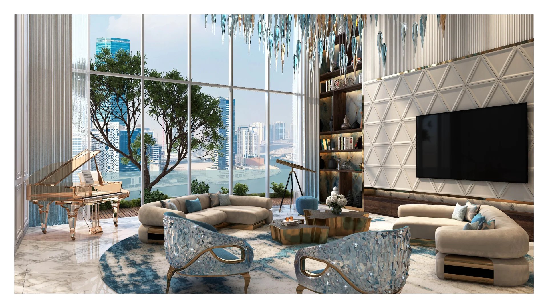 Loft contemporain à Dubaï Intérieur d'un loft contemporain à Dubaï avec vue sur la ville, mobilier moderne et terrasse végétalisée.