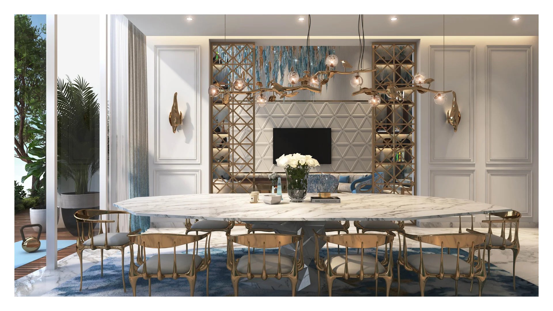 Loft contemporain à Dubaï Intérieur d'un loft contemporain avec une grande table à manger et un salon élégant.