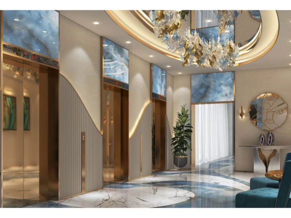 Hall d'entrée d'un loft contemporain à Dubaï avec ascenseurs et décoration élégante.