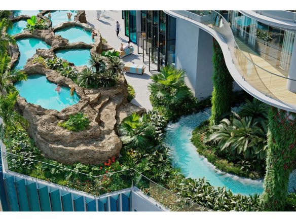 Vue aérienne d'un espace extérieur avec des piscines et des jardins dans un loft à Dubaï.