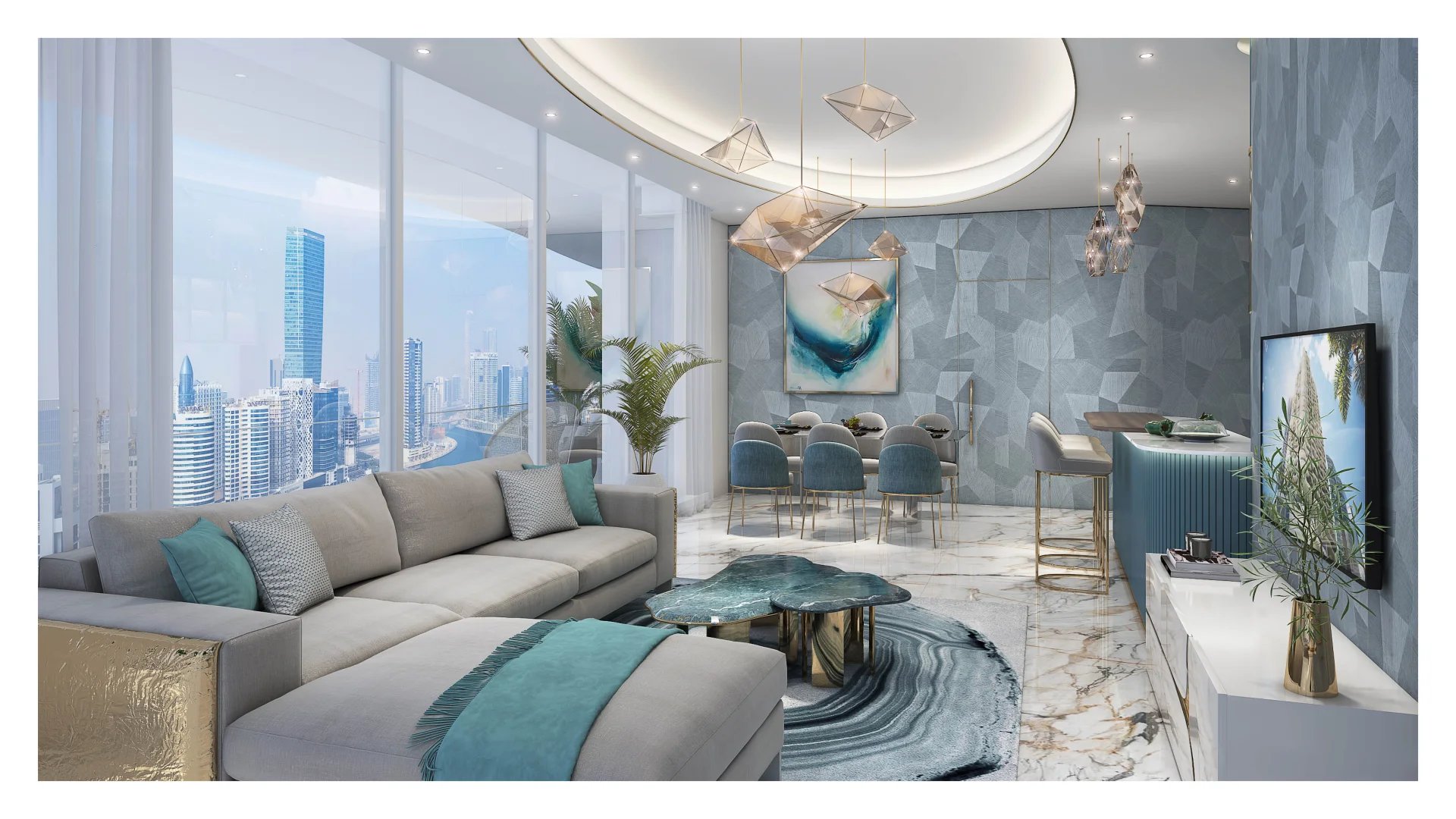 Loft moderne à Dubaï Intérieur d'un loft moderne à Dubaï avec salon, salle à manger et vue sur la ville.