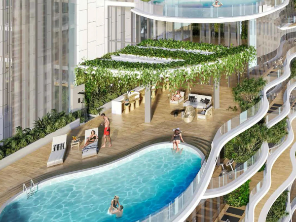 Vue d'un appartement de luxe avec piscine privative et espaces extérieurs à Dubaï.
