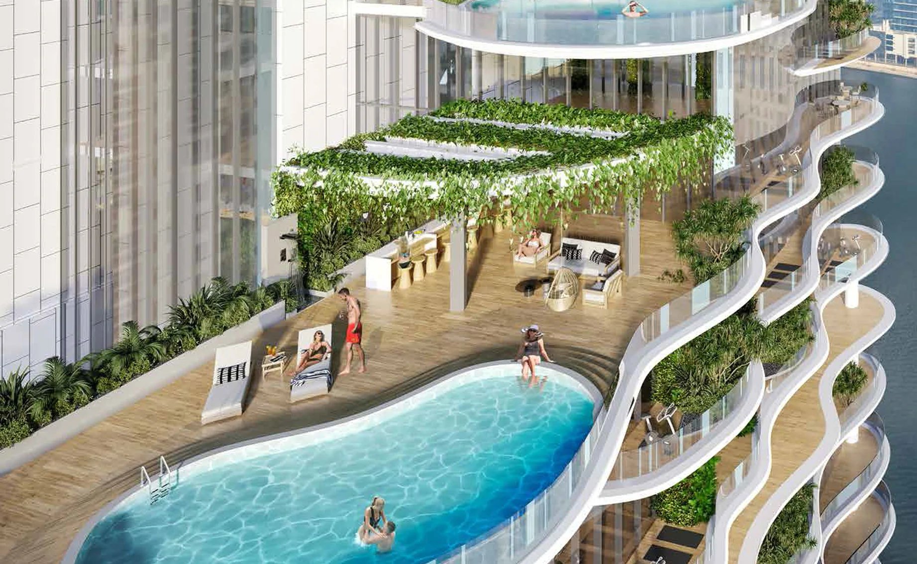 Appartement de luxe avec piscine à Dubaï Vue d'un appartement de luxe avec piscine privative et espaces extérieurs à Dubaï.