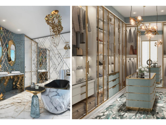 Salle de bains luxueuse avec baignoire et espace dressing moderne dans un appartement à Dubaï.
