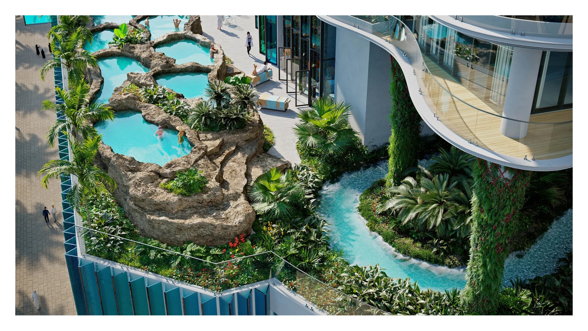 Piscine privative d’un appartement de luxe à Dubaï Vue aérienne d'une piscine privative avec des jardins luxuriants dans un appartement de luxe à Dubaï.
