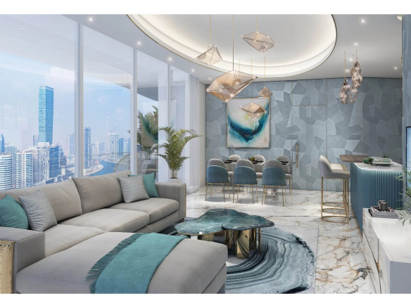 Intérieur d'un appartement de luxe à Dubaï avec salon moderne, vue panoramique et piscine privative.