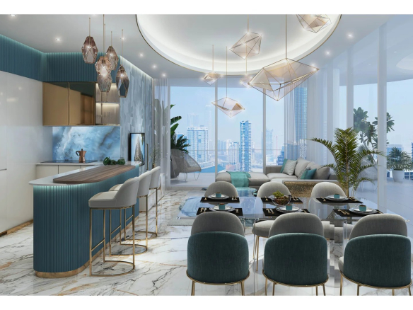Intérieur d'un studio loft moderne à Dubaï avec cuisine et salon lumineux.