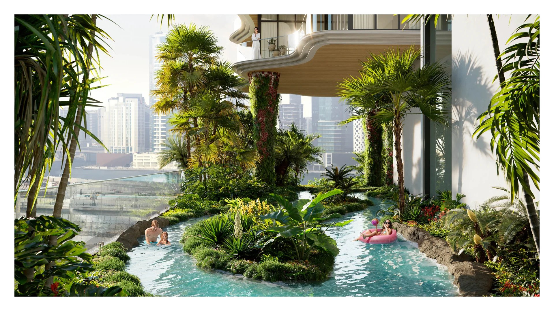 Loft de prestige à Dubaï Terrasse végétalisée avec piscine et jardins dans un loft à Dubaï, entourée de bâtiments modernes.