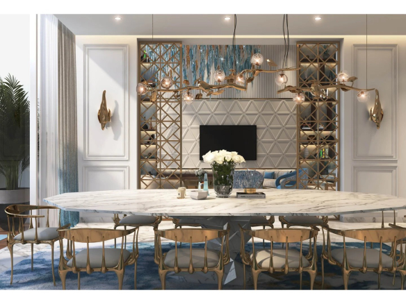 Intérieur d'un studio loft à Dubaï avec une grande table et un espace de vie élégant.