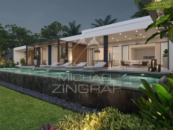 Contemporary villa with swimming pool and golf course views in Haute Rive, under construction.