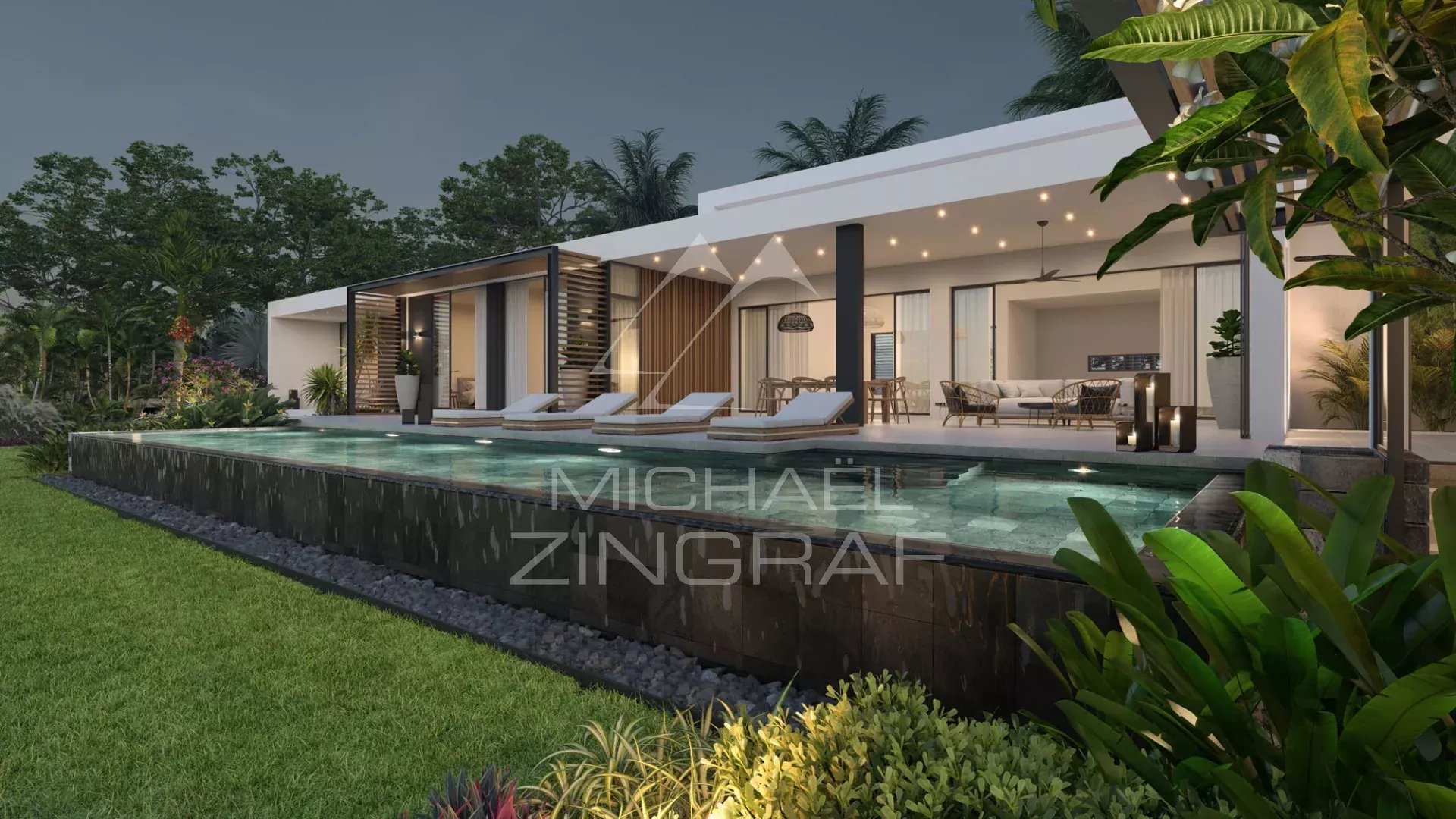 Contemporary villa with swimming pool and golf course views in Haute Rive, under construction.