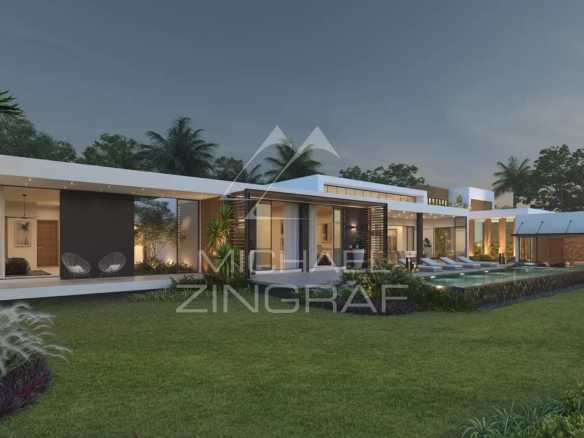 Contemporary villa under construction with swimming pool and garden, overlooking the golf course in Haute Rive.