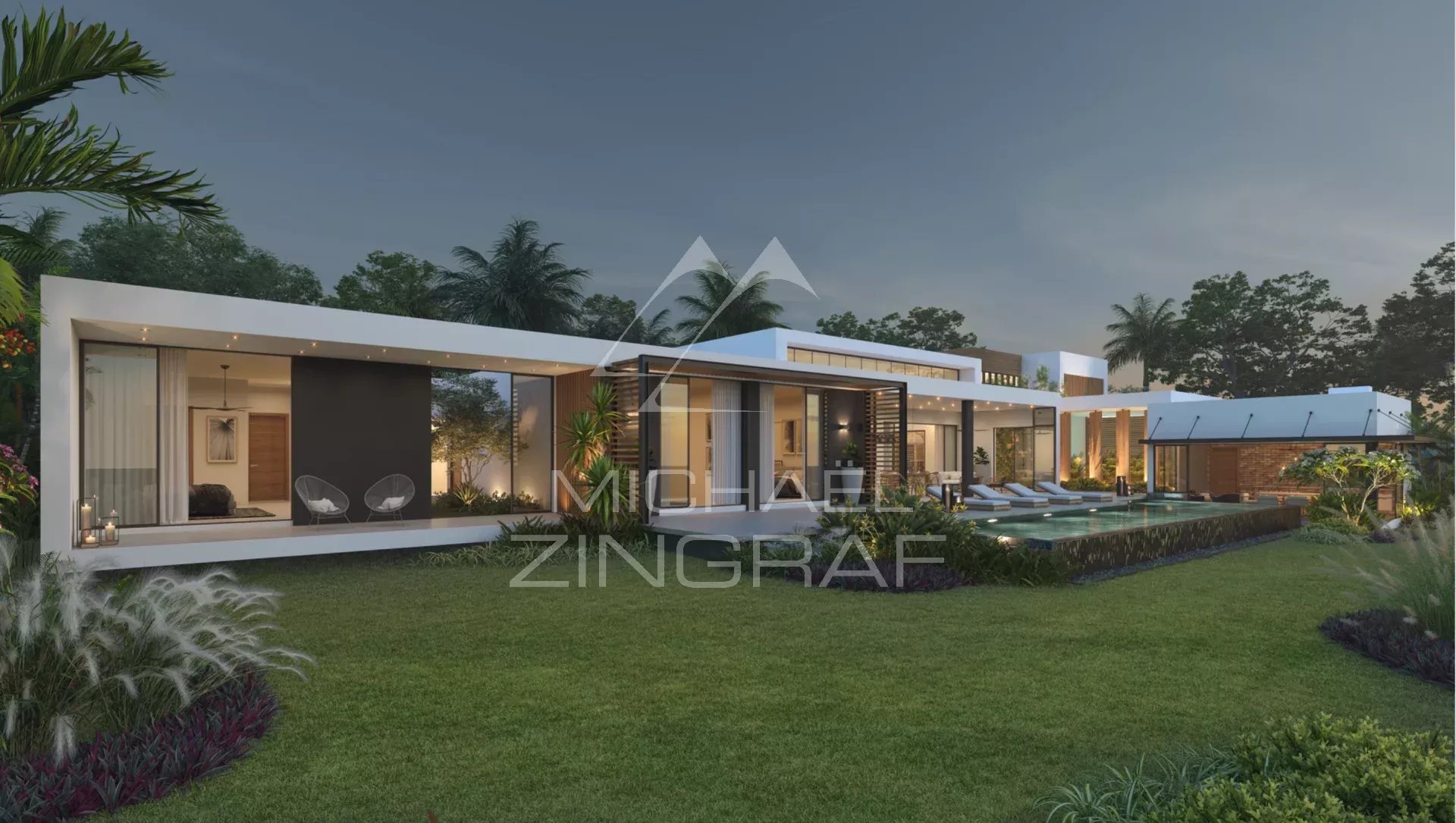 Contemporary villa under construction with swimming pool and garden, overlooking the golf course in Haute Rive.