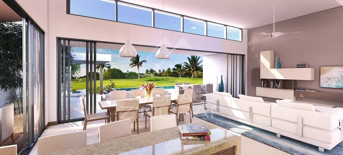 Interior of a contemporary villa overlooking a golf course in Haute Rive.