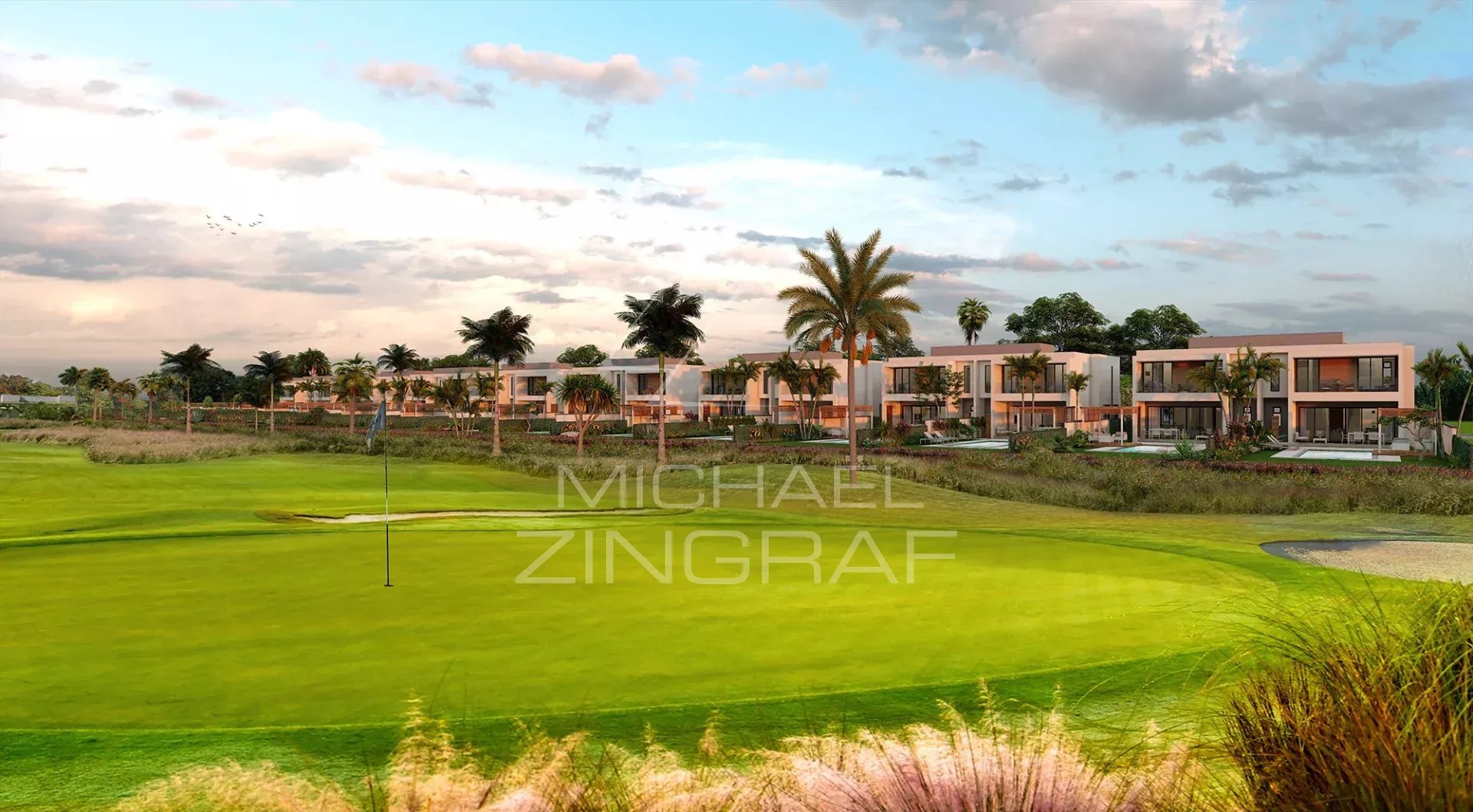 View of a contemporary villa under construction with a golf course in the foreground in Haute Rive.
