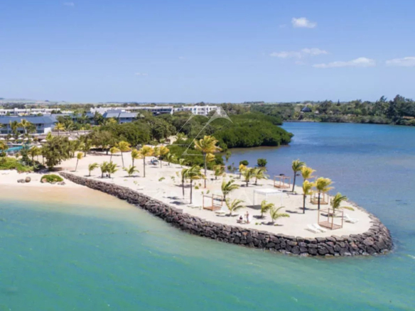 Beach and lagoon with palm trees and a kayak at Haute Rive, Mauritius.