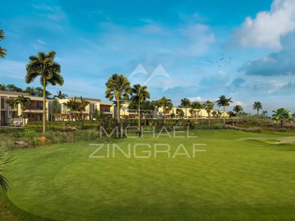 View of a contemporary villa under construction with a golf course and palm trees in Haute Rive.