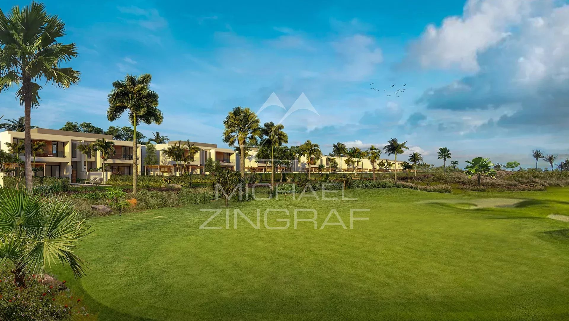 View of a contemporary villa under construction with a golf course and palm trees in Haute Rive.
