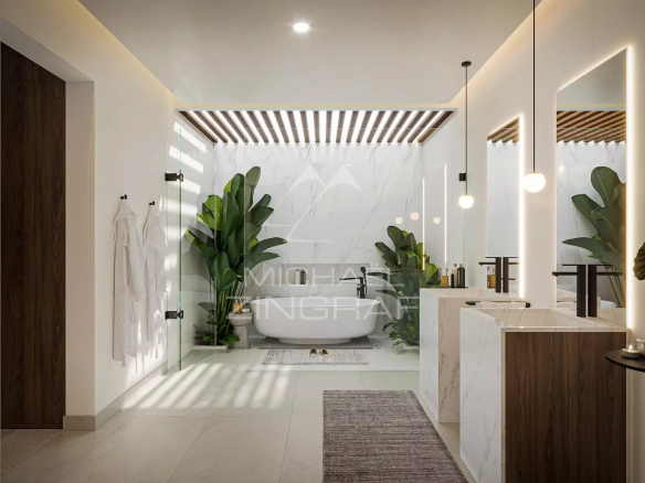 Salle de bain moderne avec baignoire et plantes, éclairage doux.