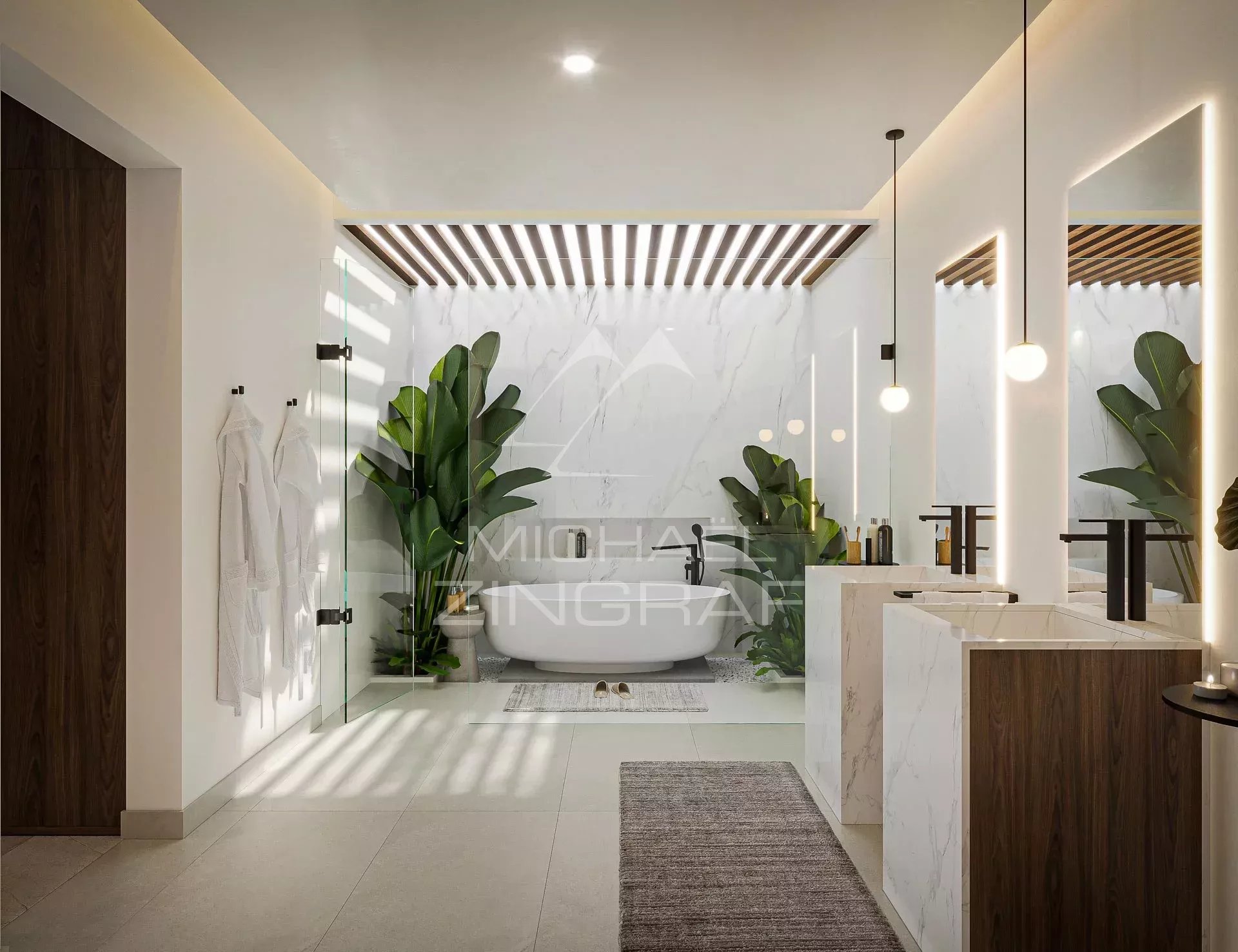 Salle de bain moderne avec baignoire et plantes, éclairage doux.